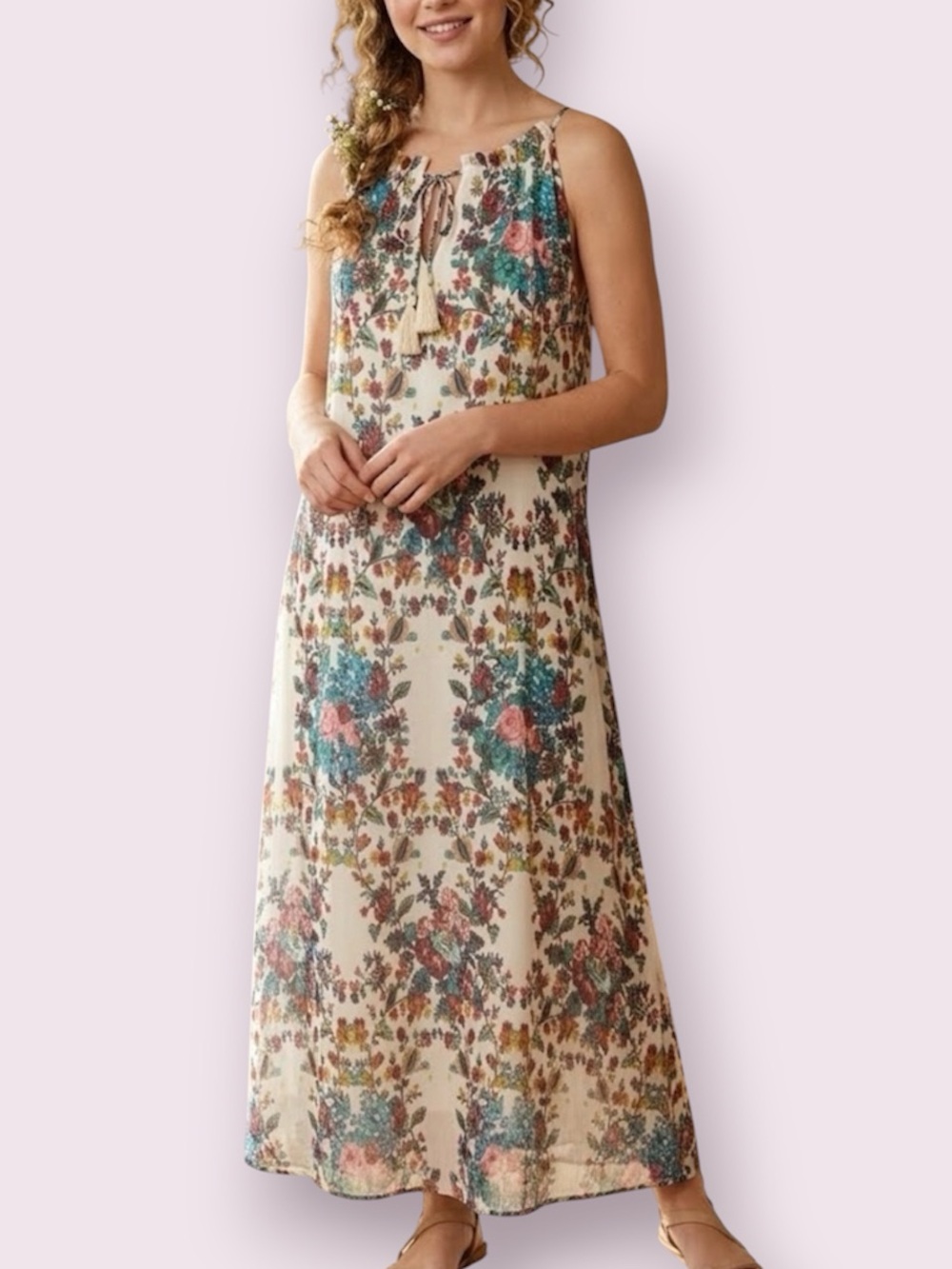 Lucky Brand Boho Cottagecore Prairie Sleeveless Floral Chiffon Maxi Dress Small